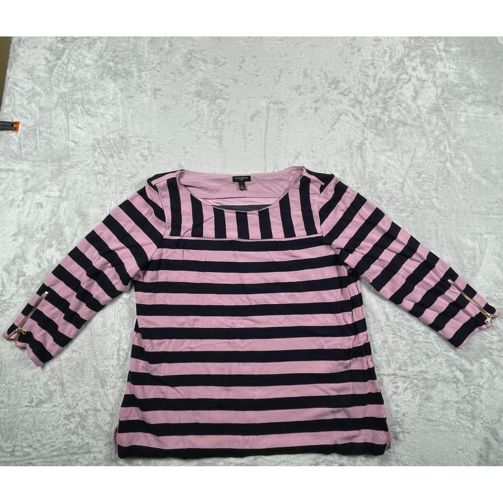 Talbots Petites Women's Pink Black Striped 3/4 Sleeve Top w/ Zipper Accent